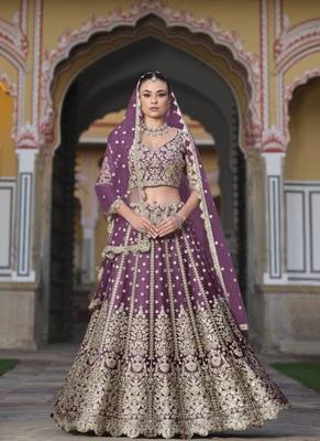 WINE Pure Butterfly Net Embroidered Lehenga Choli with Dupatta   Sequins & Diamond Work Bridal Wedding 1