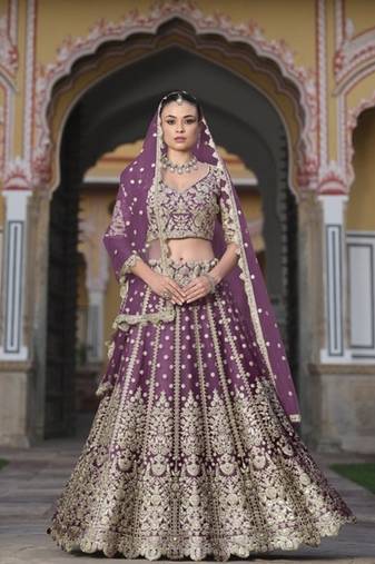 WINE Pure Butterfly Net Embroidered Lehenga Choli with Dupatta     Sequins & Diamond Work Bridal Wedding