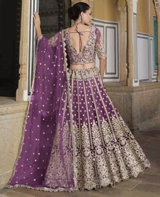 WINE Pure Butterfly Net Embroidered Lehenga Choli with Dupatta   Sequins & Diamond Work Bridal Wedding 2