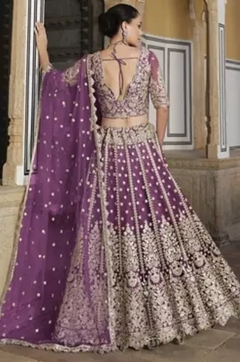 WINE Pure Butterfly Net Embroidered Lehenga Choli with Dupatta     Sequins & Diamond Work Bridal Wedding