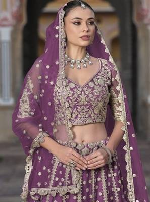 WINE Pure Butterfly Net Embroidered Lehenga Choli with Dupatta   Sequins & Diamond Work Bridal Wedding 3