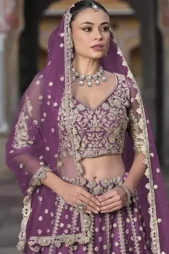 WINE Pure Butterfly Net Embroidered Lehenga Choli with Dupatta     Sequins & Diamond Work Bridal Wedding