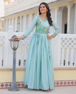 Sky Blue Color Chinnon Silk Print With Embroidery Work Party Wear Gown 4