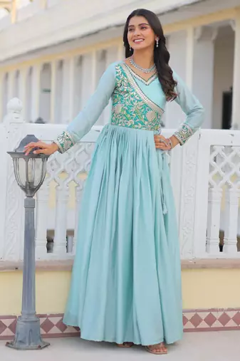 Sky Blue Color Chinnon Silk Print With Embroidery Work Party Wear Gown
