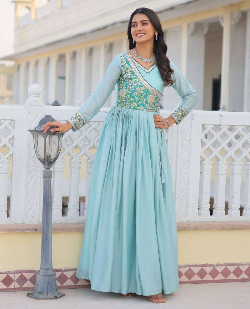 Sky Blue Color Chinnon Silk Print With Embroidery Work Party Wear Gown