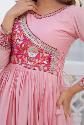 Pink Color Chinnon Silk Print With Embroidery Work Party Wear Gown 6