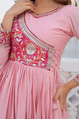 Pink Color Chinnon Silk Print With Embroidery Work Party Wear Gown
