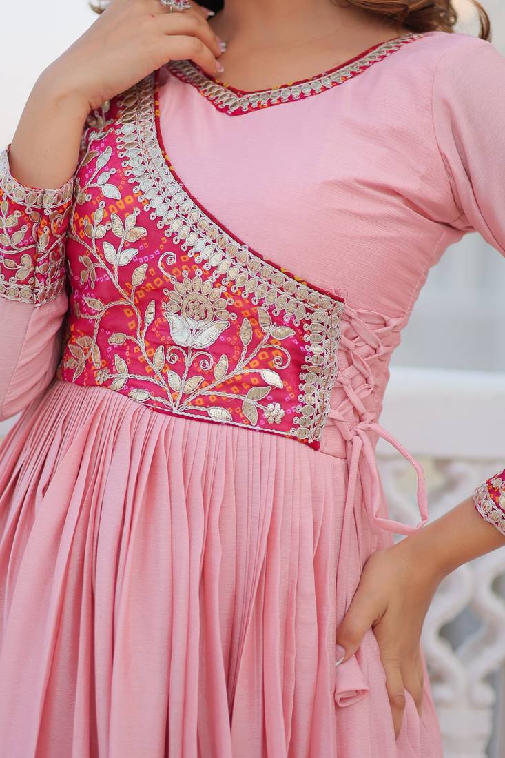 Pink Color Chinnon Silk Print With Embroidery Work Party Wear Gown