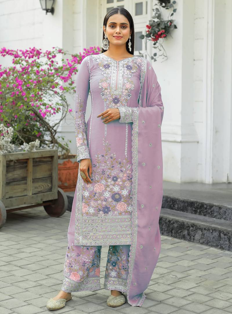Lavender CHINNON SILK EMBROIDERY WORK FULLY  SALWAR SUIT