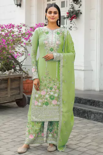 Pista Green CHINNON SILK EMBROIDERY WORK FULLY  SALWAR SUIT