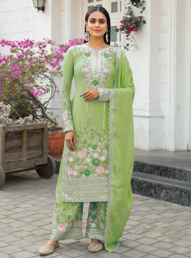 Pista Green CHINNON SILK EMBROIDERY WORK FULLY  SALWAR SUIT