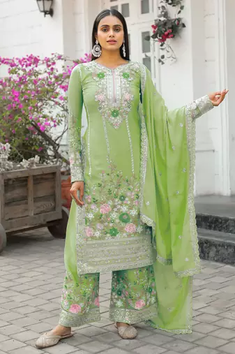 Pista Green CHINNON SILK EMBROIDERY WORK FULLY SALWAR SUIT