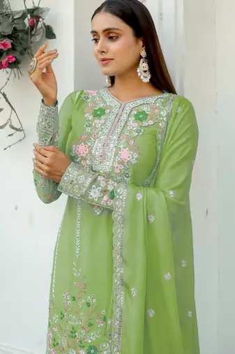 Pista Green CHINNON SILK EMBROIDERY WORK FULLY SALWAR SUIT