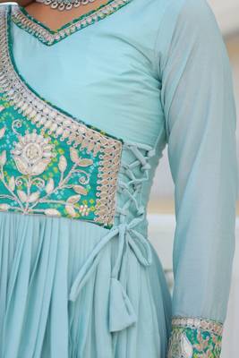 Sky Blue Color Chinnon Silk Print With Embroidery Work Party Wear Gown 5