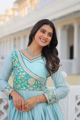 Sky Blue Color Chinnon Silk Print With Embroidery Work Party Wear Gown 6