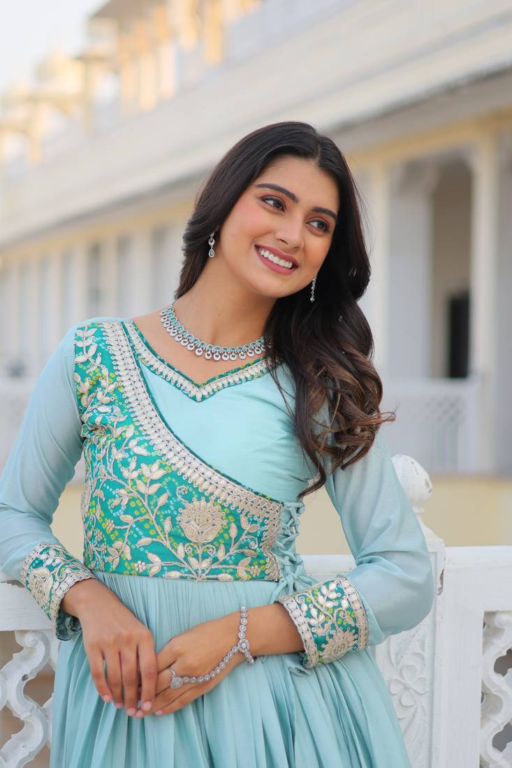 Sky Blue Color Chinnon Silk Print With Embroidery Work Party Wear Gown