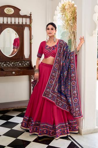 PINK Tasar Silk Gamthi Print Lehenga Choli with Dupatta – Embossed Design & Gotta Patti Lace Work