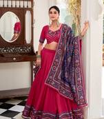 PINK Tasar Silk Gamthi Print Lehenga Choli with Dupatta – Embossed Design & Gotta Patti Lace Work