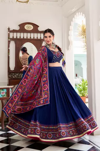 NAVY BLUE Tasar Silk Gamthi Print Lehenga Choli with Dupatta – Embossed Design & Gotta Patti Lace Work