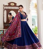NAVY BLUE Tasar Silk Gamthi Print Lehenga Choli with Dupatta – Embossed Design & Gotta Patti Lace Work