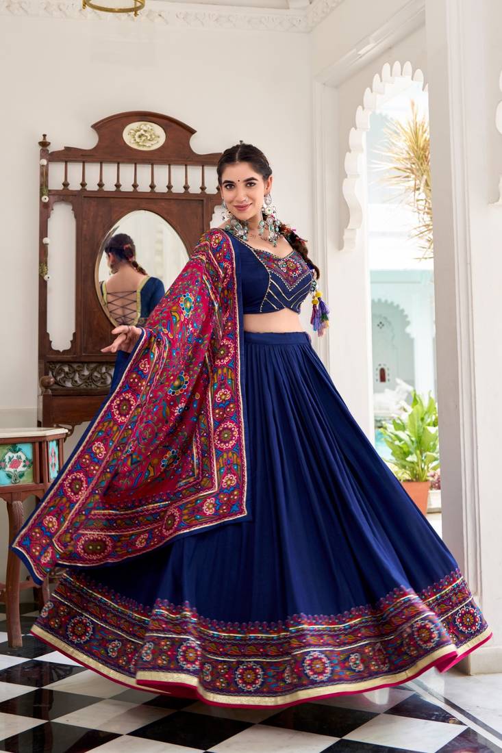 NAVY BLUE Tasar Silk Gamthi Print Lehenga Choli with Dupatta – Embossed Design & Gotta Patti Lace Work