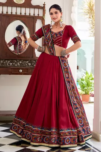 RED Tasar Silk Gamthi Print Lehenga Choli with Dupatta – Embossed Design & Gotta Patti Lace Work