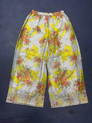 Yellow embroidered chinon free size stitched palazzo style salwar suit 3