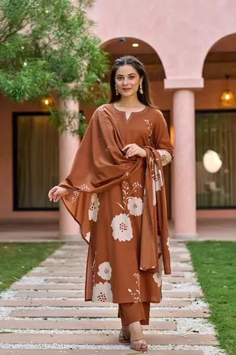 Women's Gorgeous Printed Work Muslin Fabric Straight Kurta Pant and Dupatta Set