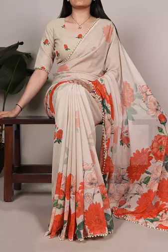 Graceful flow marble floral printed saree with delicate pearl lace