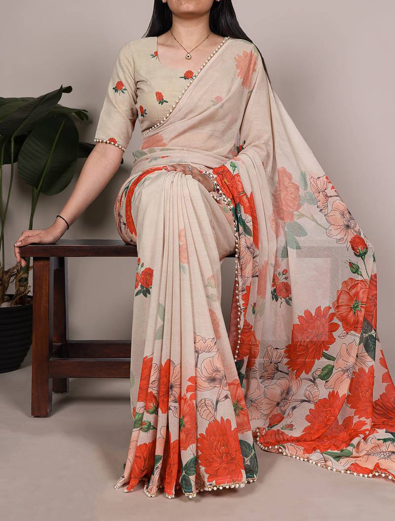 Graceful flow marble floral printed saree with delicate pearl lace