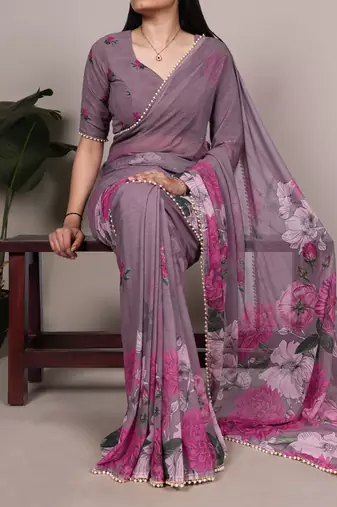 Graceful flow marble floral printed saree with delicate pearl lace