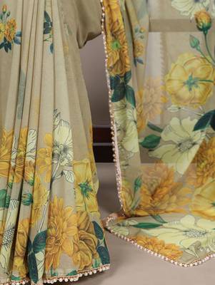Graceful flow marble floral printed saree with delicate pearl lace 4