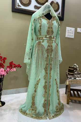 sea green zari embroidered georgette kaftan