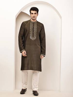 Men’s straight moss green viscose silk zari-work kurta 1