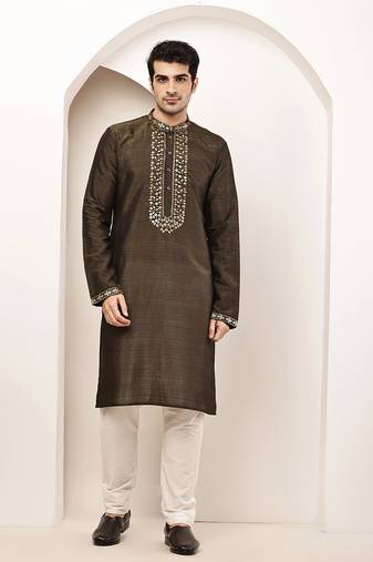 Men’s straight moss green viscose silk zari-work kurta