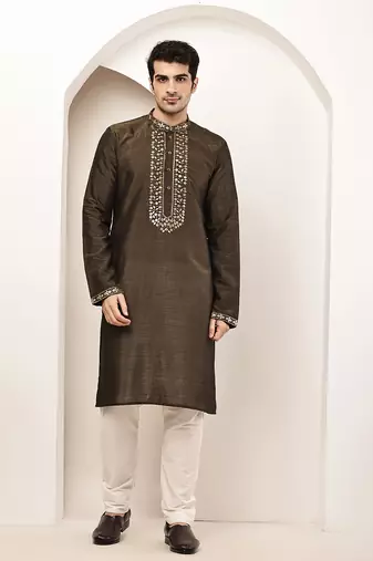 Men’s straight moss green viscose silk zari-work kurta