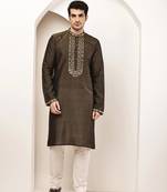 Men’s straight moss green viscose silk zari-work kurta