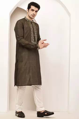 Men’s straight moss green viscose silk zari-work kurta