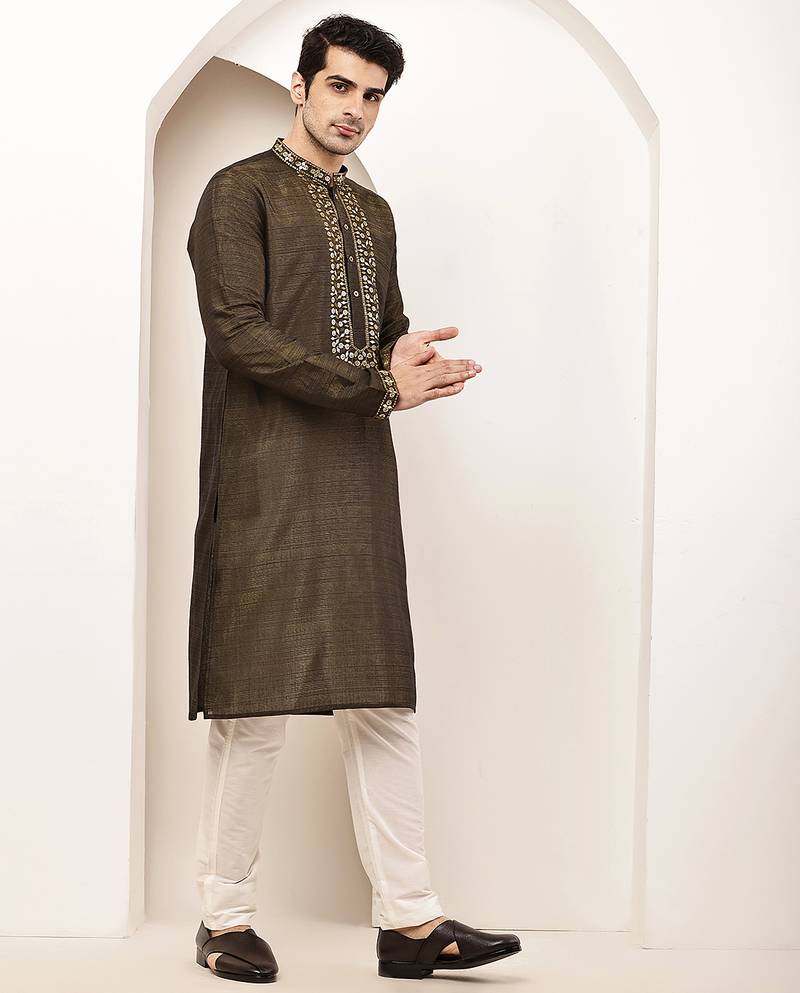 Men’s straight moss green viscose silk zari-work kurta