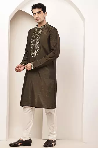 Men’s straight moss green viscose silk zari-work kurta