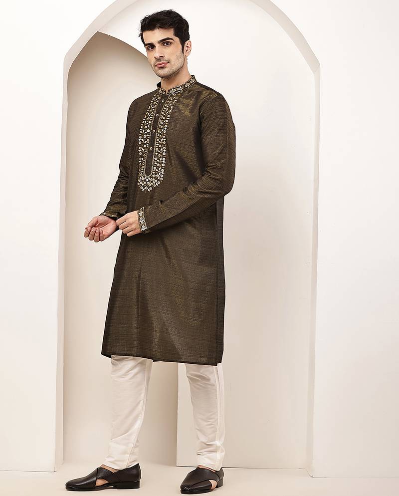 Men’s straight moss green viscose silk zari-work kurta