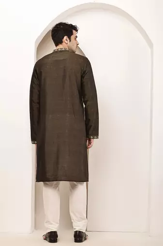 Men’s straight moss green viscose silk zari-work kurta