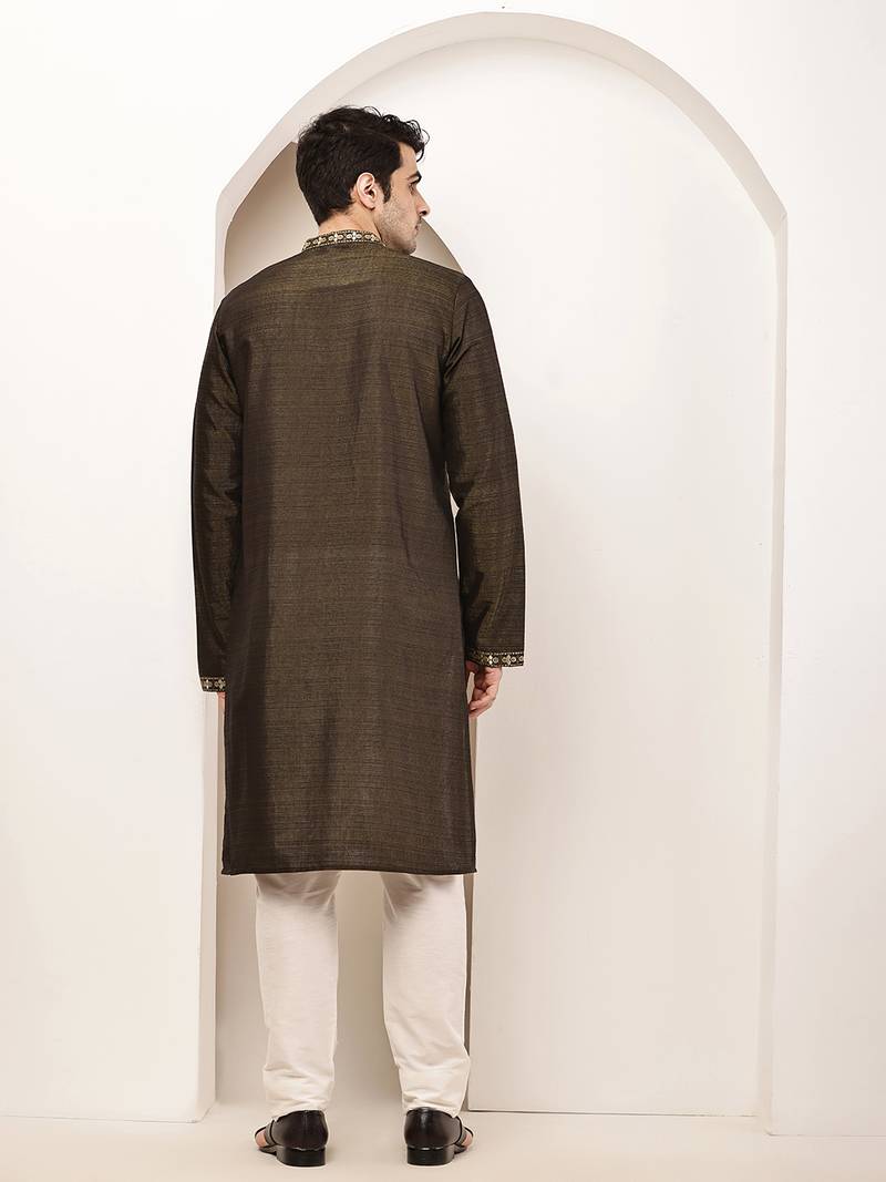 Men’s straight moss green viscose silk zari-work kurta