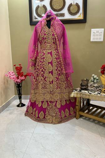 Grand rani pink kaftan gown with heavy gold zari work | luxury wedding & party dress