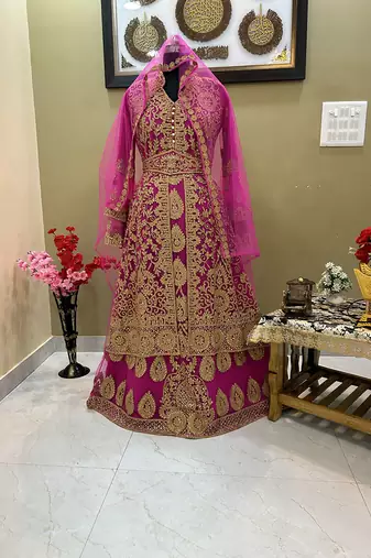 Grand rani pink kaftan gown with heavy gold zari work | luxury wedding & party dress