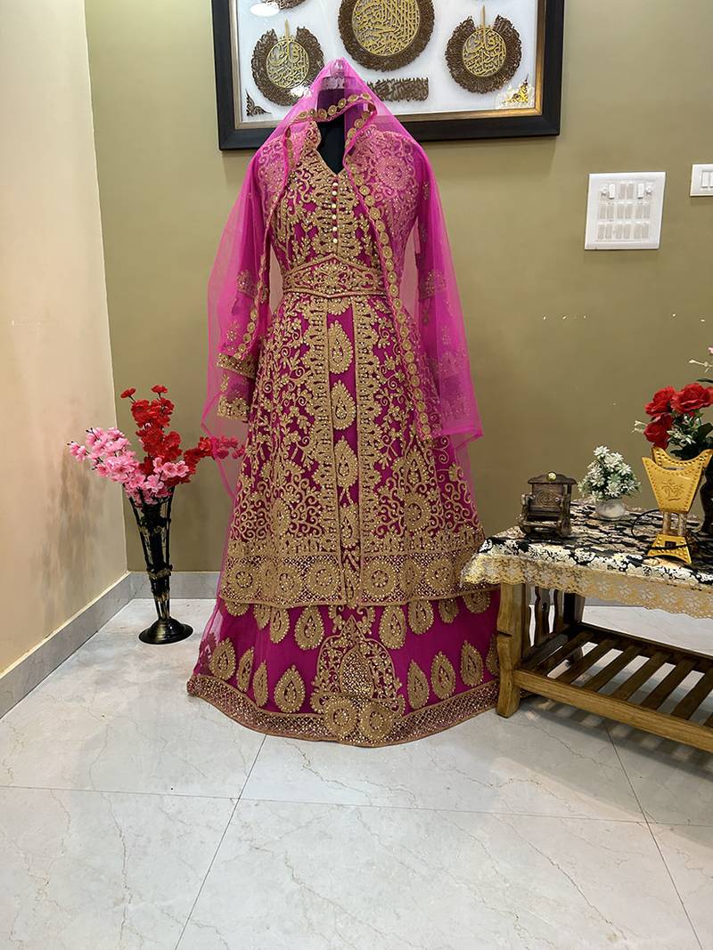Grand rani pink kaftan gown with heavy gold zari work | luxury wedding & party dress