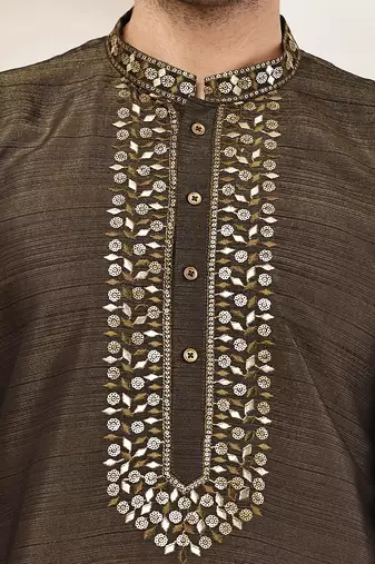 Men’s straight moss green viscose silk zari-work kurta