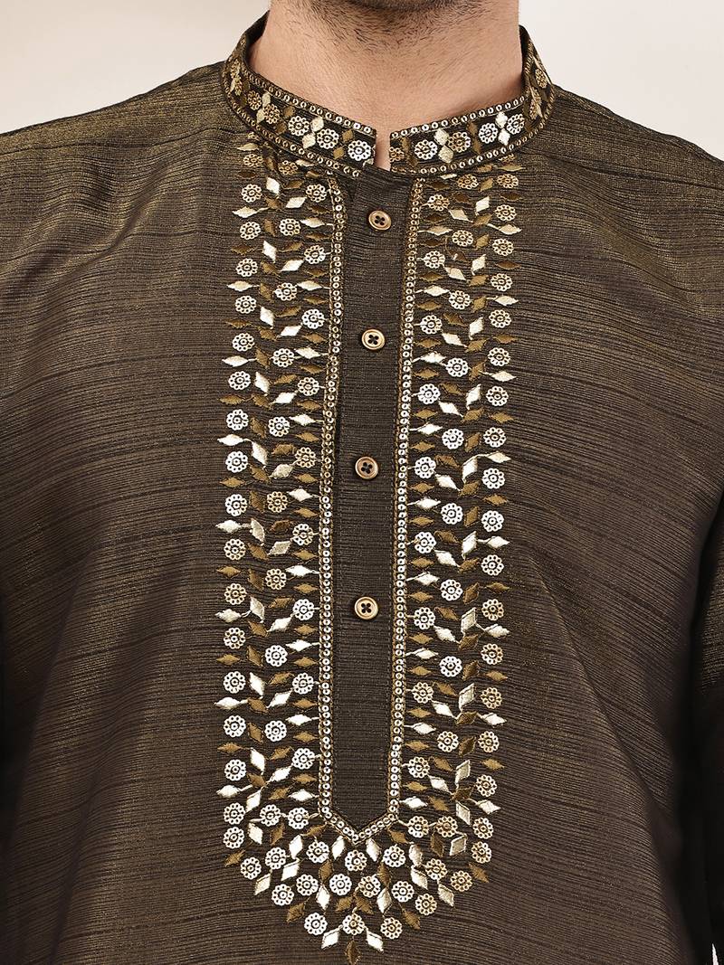 Men’s straight moss green viscose silk zari-work kurta