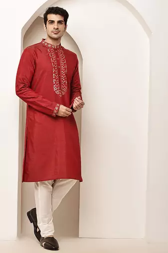 Men’s straight red viscose silk zari-work kurta