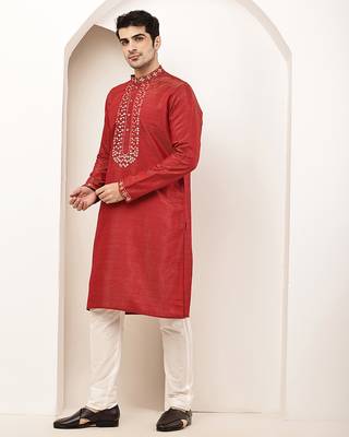 Men’s straight red viscose silk zari-work kurta 3